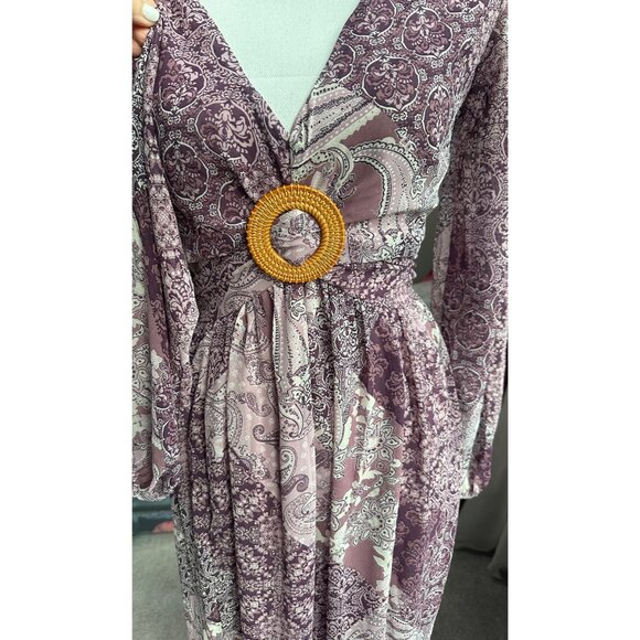 Jessica Simpson Dress Sz XS Boho Maxi Paisley Print Long Sleeve V-Neck Back Tie - Picture 7 of 16
